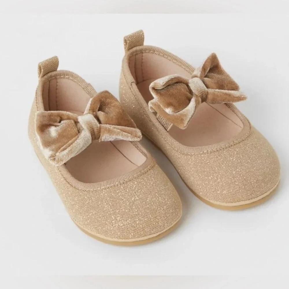 H&M baby girl flats shoes glitter velvet gold sparkles bow